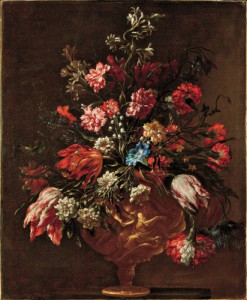 Mario Nuzzi, known as Mario dei Fiori - Bunch of Flowers in a Historiated Vase c. 1650–60, oil on canvas 
